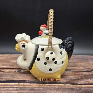 Farmhouse Chicken Biscuit Jar Rattan Handle Rooster Hen Ceramic - Picture 1 of 7