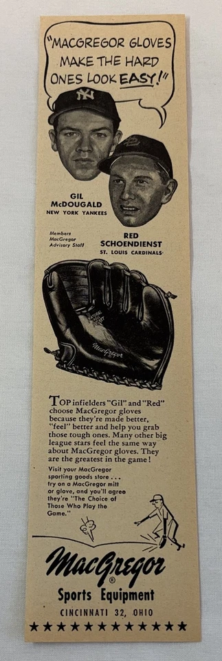 1954 MacGregor Guante de Béisbol Anuncio ~ GIL McDOUGALD Yankees RED SCHODIENST Cardinal Foto 1 de 1