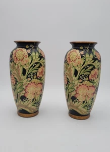 Pair Of Black Ceramic Peony Floral 10" Vases - Picture 1 of 14