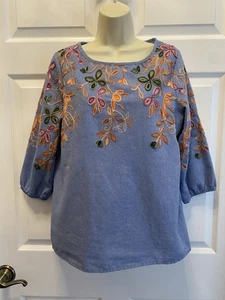 Kindred Anthropologie Blue Top Embroidered Boho Colorful Balloon Sleeves PM - Picture 1 of 7