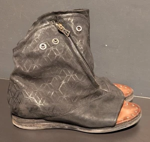 A.S. 98 Brielle Peep Toe Bootie Black Leather Metal Snaps Asymmetrical Zip - 41 - Picture 1 of 23
