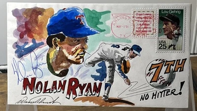 SIGNED WILD HORSE CACHETS NOLAN RYAN 7TH NO HITTER /200 LOU GEHRIG STAMP FDC - Image 1 of 4
