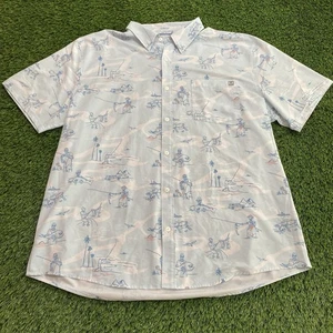 Huk Fish Bones Kona Button Down Short Sleeve Shirt Men’s 2XL Blue All Over Print - Picture 1 of 11