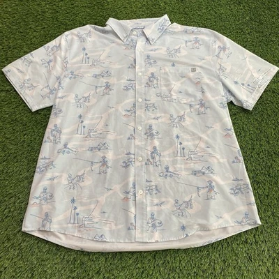 Huk Fish Bones Kona Button Down Short Sleeve Shirt Men’s 2XL Blue All Over Print - Image 1 of 4