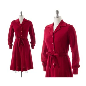 Vintage 1970s Shirt Dress 70s Burgundy Red Knit Wool Long Sleeve Sweater Warm - Picture 1 of 9