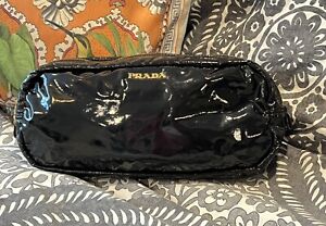 PRADA Black Patent Shiny Vinyl Clutch Bag Cosmetic Makeup, Gold Zip