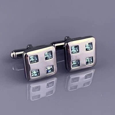 Teal Blue Swarovski Crystal Cufflinks Stainless Steel Small Square Vintage - Image 1 of 4