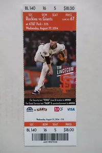 SAN FRANCISCO GIANTS VS COLORADO ROCKIES 8/27/2014 FULL TICKET ~ TIM LINCECUM - Picture 1 of 1
