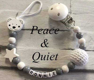 PEACE & QUIET Personalised Dummy Clip🖤Wooden🖤Teddy🖤crochet 🖤grey🖤white🖤girl, Boy #WWP