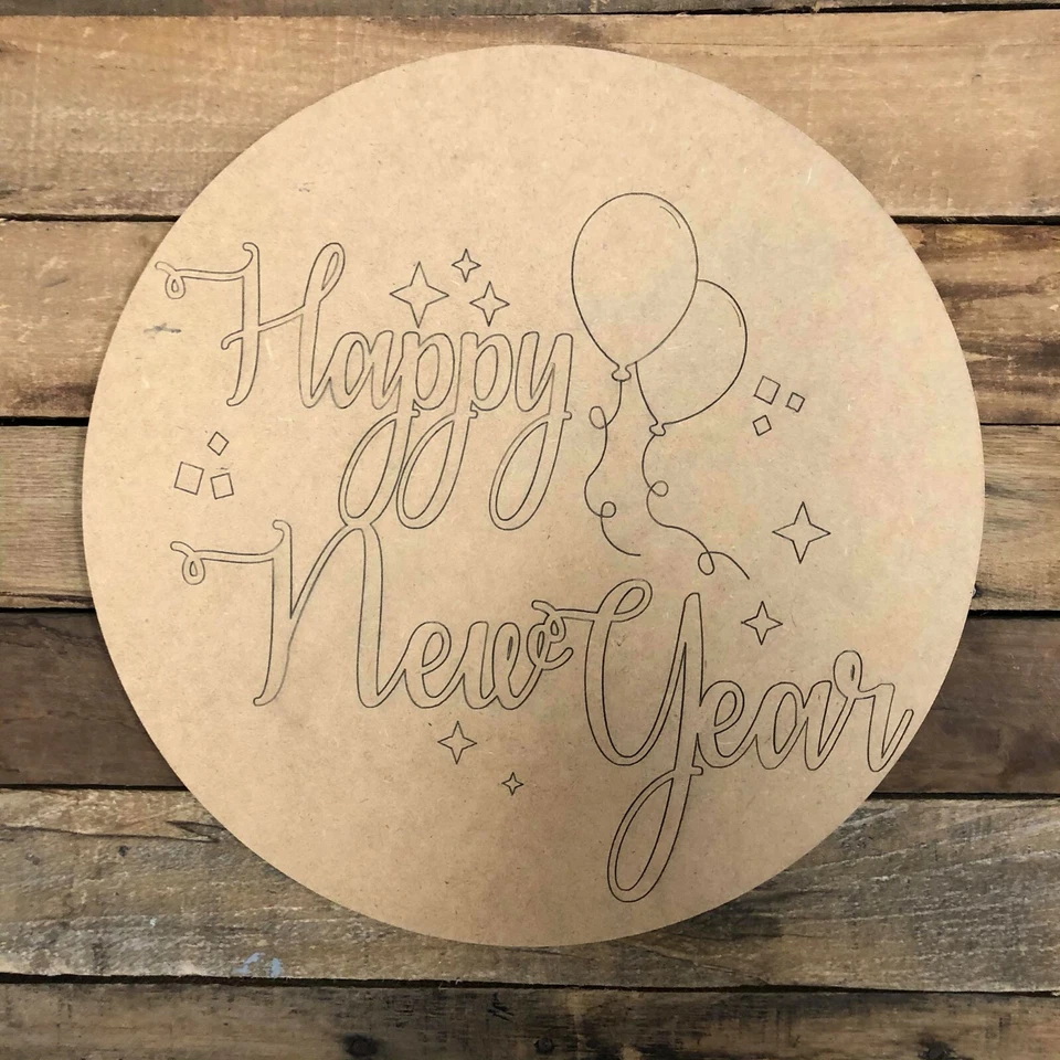 Círculo de Feliz Año Nuevo, Forma de madera sin terminar, Pintura por línea, Artesanía pintable hágalo usted mismo Foto 1 de 1
