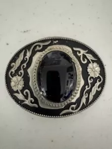 Western Style Belt Buckle Silver /Black w Large Black Stone and Flowers - Picture 1 of 2