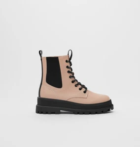 ZARA Girls Lug Sole Ankle Boots Pink Leather side zip and laces Back to school - Picture 1 of 5