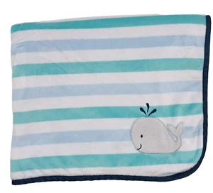 Cuddletime Baby Blanket Whale Stripe Velour Fleece Satin Trim Carter's - Picture 1 of 6
