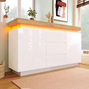 Hochglanz Sideboard Kommode mit 3 Schubladen und 2 Türen LED Beleuchtung Weiß  - Bild 1 von 13
