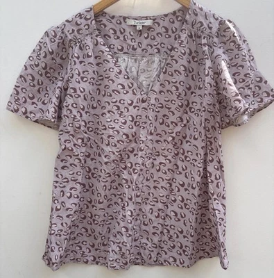 Blusa Tucker Mediana Seda Algodón Camisa Rosa Púrpura Estampado Leopardo Blusa Cuello en V Foto 1 de 4