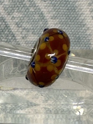 Authentic Trollbeads OOAK Brown & Yellow Flower Quilt with Blue Dots, New (17.0) - Image 1 of 4