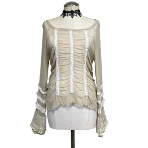 Biya Johnny Was 100% Silk Coquette Ruffle Lace Vampire Peasant Boho Rouched Top - Picture 1 of 18