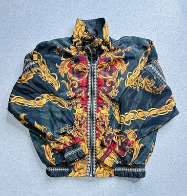 Chaqueta cortavientos vintage Epogee para mujer pequeña negra dorada con estampado barroco cremallera años 90 Foto 1 de 4