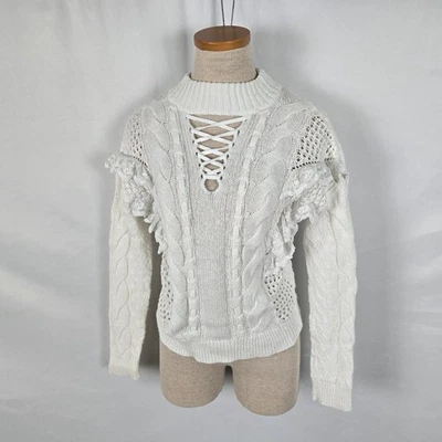 Suéter feminino Ronny Kobo XS marfim com babados renda malha mista Paige romântico boho - Imagem 1 de 4