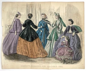 Fashion / Hand-Colored Print from Godey's Lady's Book Nov 1865 - Imagen 1 de 2