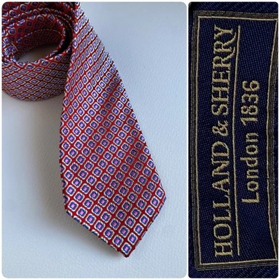 Holland & Sherry 真丝领带 3.25 x 58 几何红色粉色紫色银色 — 第 1/4 张图片