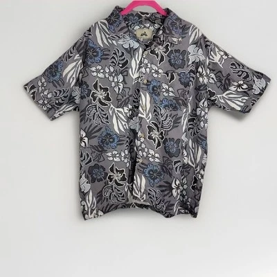 EMS Men’s Gray Hibiscus Short Sleeve Button Up Hawaiian Shirt, Size: L. - Image 1 of 4