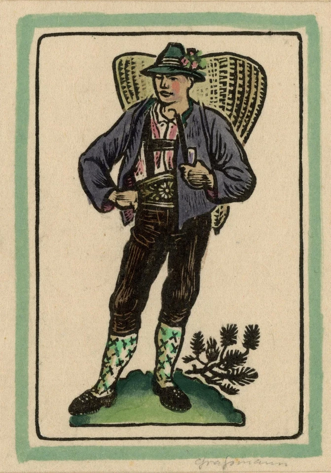 Männerporträt Bayern Tracht Mode Günther Graßmann sign kolorierter Holzschnitt - Bild 1 von 2