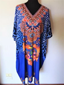 EMBELLISHED DIGITAL BLUE AND ORANGE ANIMAL PRINT V NECK CREPE KAFTAN/DRESS KC7 - Picture 1 of 3