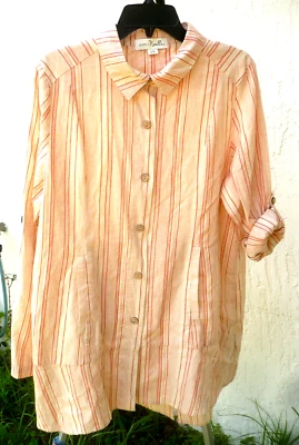 DE COLECCIÓN AÑOS 90 SIMPLE NOELLE L XL NARANJA RAYAS ALGODÓN LINO BLUSA LARGA BOLSILLO ENROLLABLE Foto 1 de 4