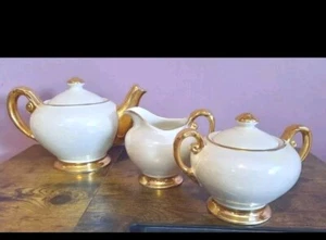 Acme Craftware Teekanne Zuckerdose und Milchkännchen Goldrand USA - Bild 1 von 11