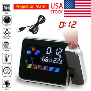Projection Alarm Clock Digital LCD Display Weather Snooze Temperature Humidity