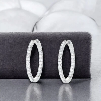 18K White Gold Women Hoop Earring with 3.00 Ct Lab Created Round Cut Diamond - Image 1 of 4