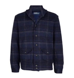 Polo Ralph Lauren Jacket Wool Knit Navy Tartan Plaid Bomber Size X-Large EUC - Picture 1 of 15