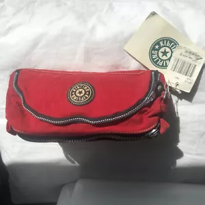 KIPLING Makeup Cosmetic Pencil Case Wallet Bag Red 2 Zipper Compartments NWT VTG - Picture 1 of 10