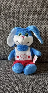 B6 Peluche doudou lapin bleu KINDER FERRERO salopette Coeur - Photo 1/2