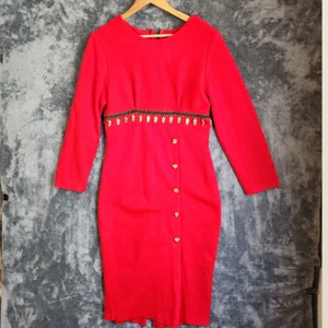 Claudia Womens Pencil Dress Red Long Sleeve Knit Shoulder Pad Leaf Trim Button - Picture 1 of 11