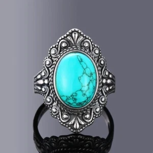 S925 Sterling Ring Vintage Ring Natural Turquoise Rings Gift for Women Men Women - Picture 1 of 1