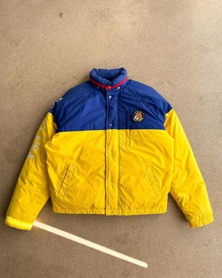 Chaqueta acolchada vintage años 90 Polo Ralph Lauren parche galleta para hombre L amarillo azul esquí Foto 1 de 4