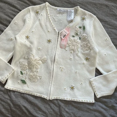 NUEVO CON ETIQUETAS Blanco Copo de Nieve Poinsettia Algodón Lana Navidad Vacaciones Suéter Cremallera Grande P Foto 1 de 4