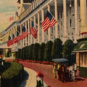 Vintage Postcard Linen Grand Hotel Mackinac Island MI Horse Drawn Carriage Flags - Picture 1 of 3