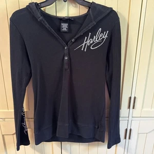 Sudadera con capucha para mujer talla M Harley-Davidson térmica waffle manga larga negra llamas brillantes - Imagen 1 de 8