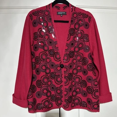 Jones New York Mujer Lana Merino Cárdigan Suéter XL Rojo Lentejuelas Vacaciones Usado en Excelente Condición Foto 1 de 4