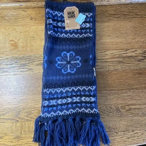 MUK LUKS Womens Blue Knit Reversible Scarf Fair Isle Fringe New - Picture 1 of 5