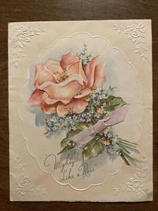 Tarjeta de felicitación de felicitación vintage de los años 40 nuevo bebé recién nacido flor rosa 3d P4d - Imagen 1 de 20