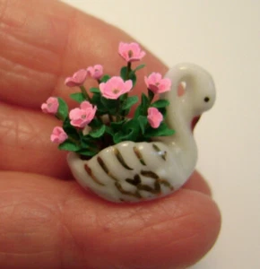 Dollhouse Miniature PINK FLOWERS IN VTG Porcelain SWAN 1:24 & 1:12 Artisan made  - Picture 1 of 7