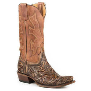 Men's Stetson Hand Tooled Wicks Leather Boots Handcrafted Brown