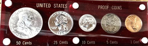 1960 Silver Proof Set of 5 Coins in Red Lucite Plastic Holder Cover