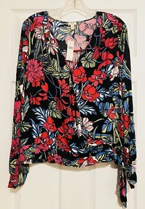 Anthropologie Tiny Surplice Wrap Blouse Black Floral Long Sleeve Large NWT - Picture 1 of 11