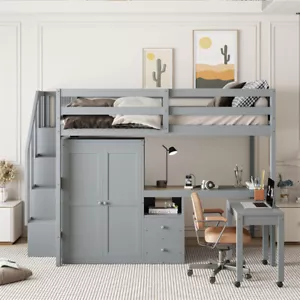 Full Size Wood Loft Bed with Storage Stairs,Desk,Wardrobe & Movable Table-Gray - Picture 1 of 17