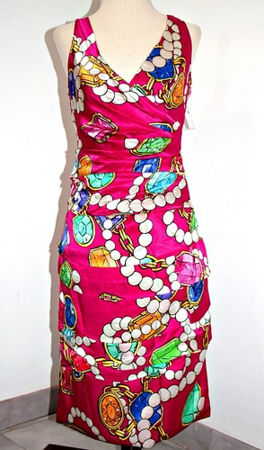 Abito Boutique Moschino Stampa Gioielli 100% Seta Drappeggiato Fucsia XS IT 40 $850